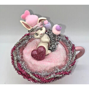 Vintage Ceramic Rhinestone Eyes Bunny Valentine's Coffee Cup Flocked Heart OOAK